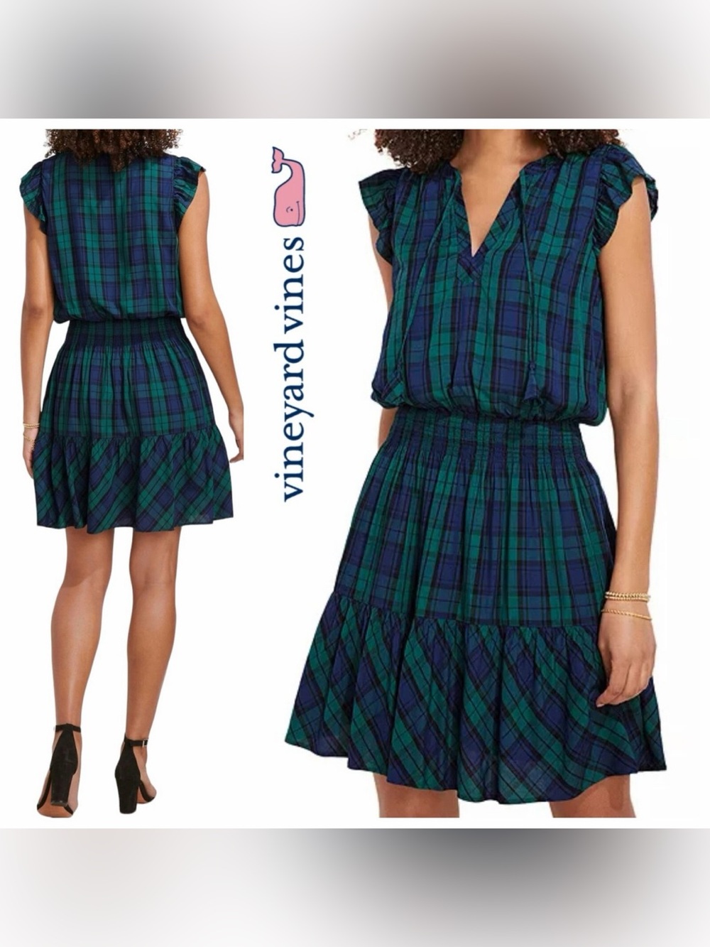 VINEYARD VINES RUFFLED SMOCKED WAIST DRESS CHARLESTON GREEN BLUE PLAID WOMEN’S M
